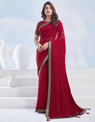 Red georgette designer border saree with unstitch blouse 1