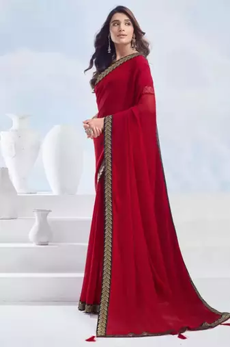 Red georgette designer border saree with unstitch blouse