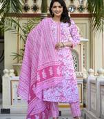 Pink Printed Pure Cotton Straight Kurti Pant and Dupatta Set