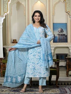 Blue Printed Pure Cotton Straight Kurti Pant and Dupatta Set 1