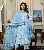 Blue Printed Pure Cotton Straight Kurti Pant and Dupatta Set