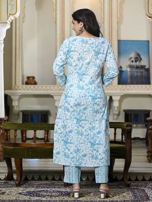 Blue Printed Pure Cotton Straight Kurti Pant and Dupatta Set 2