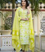 Yellow Printed Pure Cotton Straight Kurti Pant and Dupatta Set