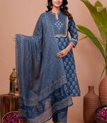 Blue floral printed aline kurta pant with dupatta set