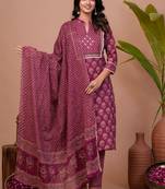 Purple floral printed aline kurta pant with dupatta set