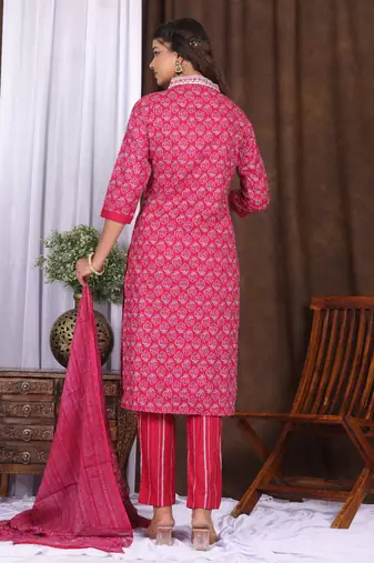 Pink floral printed aline kurta pant with dupatta set