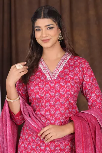 Pink floral printed aline kurta pant with dupatta set