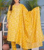 Yellow floral printed aline kurta pant with dupatta set
