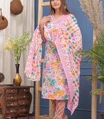Multicolor floral printed embroidered aline kurta pant with dupatta set