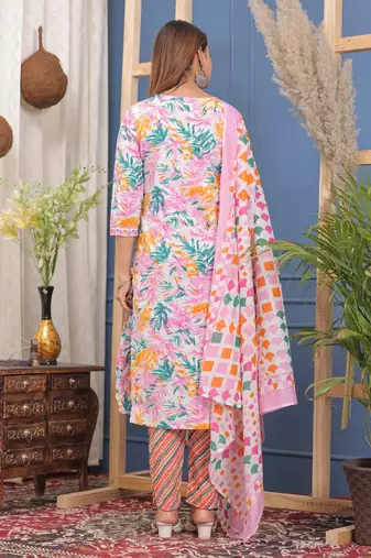 Multicolor floral printed embroidered aline kurta pant with dupatta set