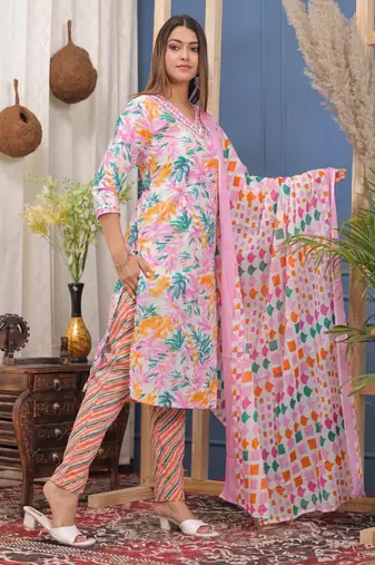 Multicolor floral printed embroidered aline kurta pant with dupatta set