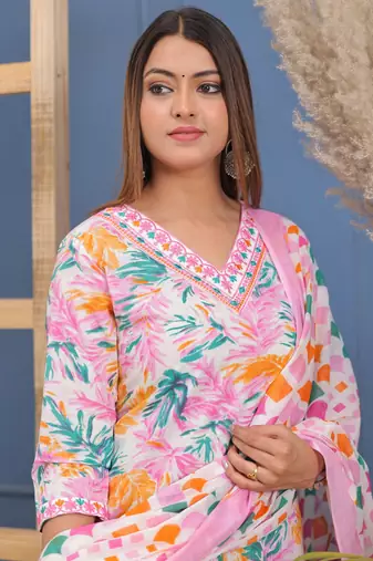Multicolor floral printed embroidered aline kurta pant with dupatta set