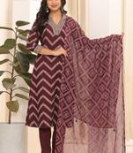 Wine printed embroidered aline kurta pant with dupatta set