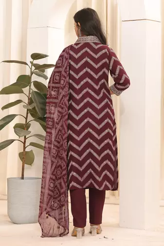 Wine printed embroidered aline kurta pant with dupatta set