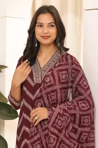 Wine printed embroidered aline kurta pant with dupatta set