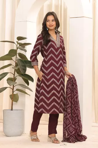 Wine printed embroidered aline kurta pant with dupatta set