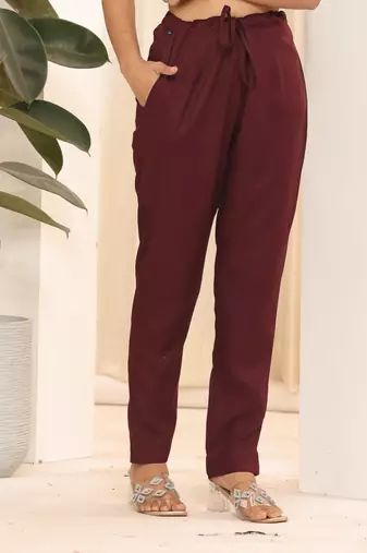 Wine printed embroidered aline kurta pant with dupatta set