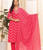 Pink printed embroidered aline kurta pant with dupatta set