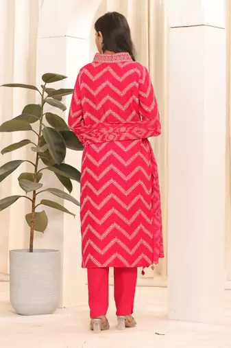 Pink printed embroidered aline kurta pant with dupatta set