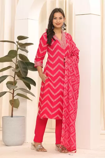 Pink printed embroidered aline kurta pant with dupatta set