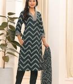 Green printed embroidered aline kurta pant with dupatta set