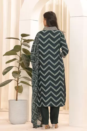 Green printed embroidered aline kurta pant with dupatta set