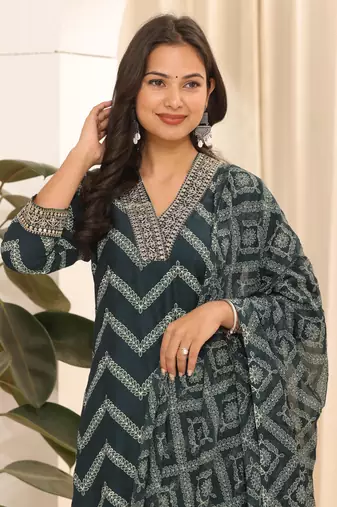 Green printed embroidered aline kurta pant with dupatta set