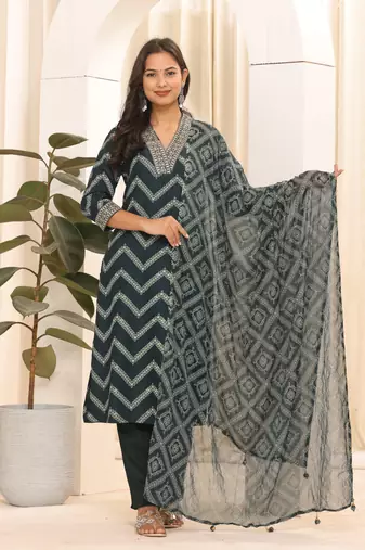 Green printed embroidered aline kurta pant with dupatta set