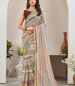 Brown Georgette Stripped Printed Saree With Line Sequenced And Blouse Piece.