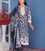 Navy blue floral printed aline kurta pant with dupatta set