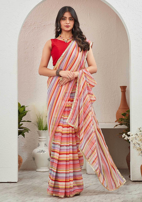 Red Georgette Stripped Printed Saree With Line Sequenced and Blouse Piece. 1