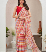 Red Georgette Stripped Printed Saree With Line Sequenced and Blouse Piece.