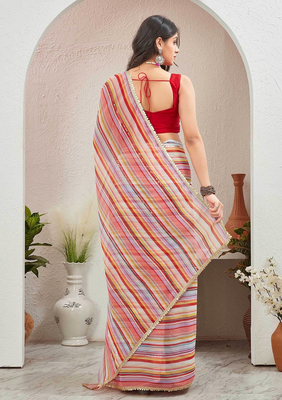 Red Georgette Stripped Printed Saree With Line Sequenced and Blouse Piece. 2