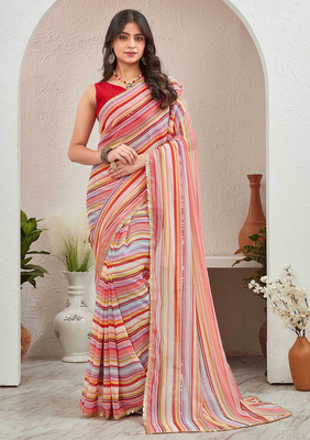 Red Georgette Stripped Printed Saree With Line Sequenced and Blouse Piece. 3