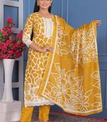 Mustard floral printed aline kurta pant with dupatta set