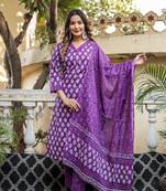 Purple Printed Pure Cotton Straight Kurti Pant and Dupatta Set