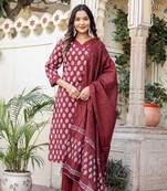 Maroon Printed Pure Cotton Straight Kurti Pant and Dupatta Set
