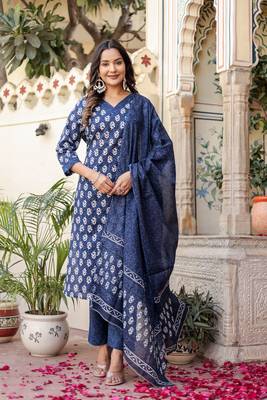 Navy Blue Printed Pure Cotton Straight Kurti Pant and Dupatta Set 1