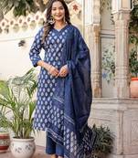 Navy Blue Printed Pure Cotton Straight Kurti Pant and Dupatta Set