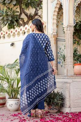 Navy Blue Printed Pure Cotton Straight Kurti Pant and Dupatta Set 2