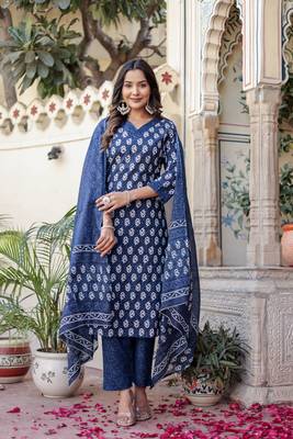 Navy Blue Printed Pure Cotton Straight Kurti Pant and Dupatta Set 3