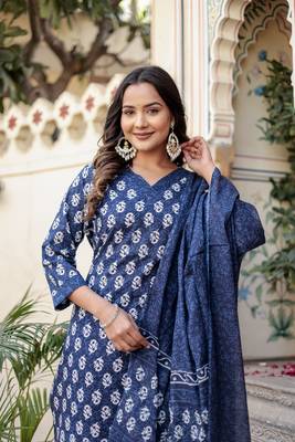 Navy Blue Printed Pure Cotton Straight Kurti Pant and Dupatta Set 4