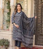 Black Printed Pure Cotton Straight Kurti Pant and Dupatta Set