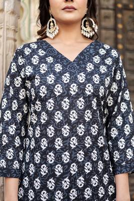 Black Printed Pure Cotton Straight Kurti Pant and Dupatta Set 5