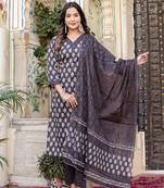 Grey Printed Pure Cotton Straight Kurti Pant and Dupatta Set
