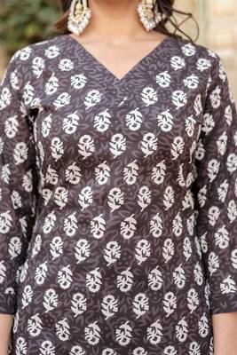 Grey Printed Pure Cotton Straight Kurti Pant and Dupatta Set 5