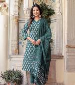 Dark Green Printed Pure Cotton Straight Kurti Pant and Dupatta Set