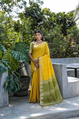 Yellow bangali style Semi Tussar Silk Bland Temple Border & contrust Pallu Saree With Blouse 1