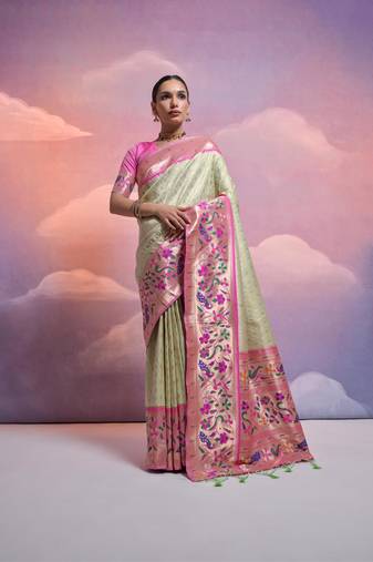 Pista Green Soft Banarasi Saree With Kanjivaram Weaving Texture And Contrast Weaving Border With Blouse