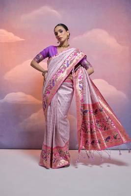 Purple Soft Banarasi Saree With Kanjivaram Weaving Texture And Contrast Weaving Border With Blouse 1
